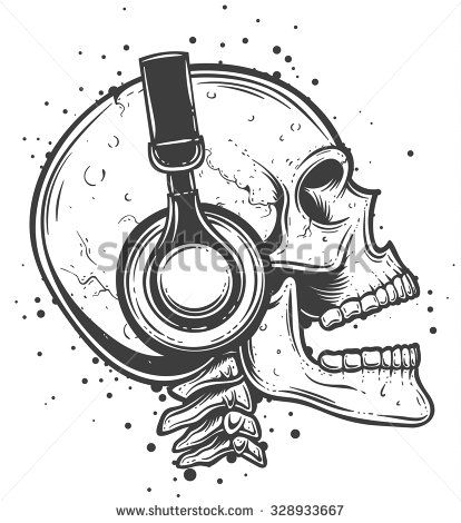 Skull Art Side View, Skeleton Listening To Music Tattoo, Side Skull Drawing, Wearing Headphones Drawing Reference, Listening To Music Tattoo, Music Drawings Ideas, Skeleton Wearing Headphones, Skull Listening To Music, Skeleton With Headphones