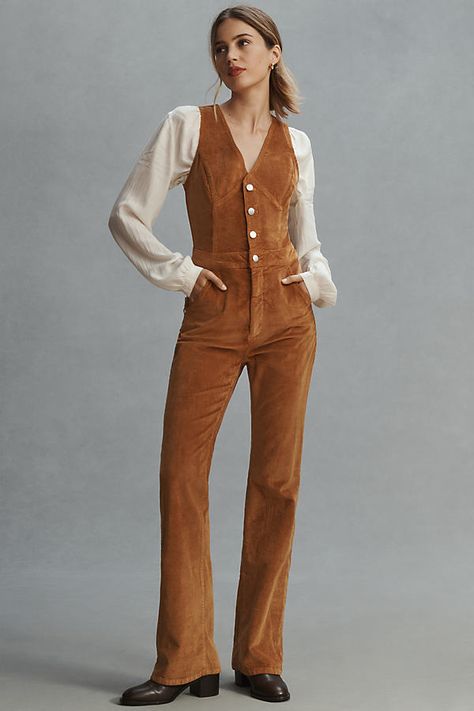 75% cotton, 23% modal, 2% elastane Side slant pockets Back patch pockets Button front Machine wash Imported | Vest Jumpsuit by Pilcro in Orange, Women's, Size: 6 at Anthropologie Hp Oc, Vest Jumpsuit, Jumpsuit Mango, 70s Jumpsuit, Prairie Wedding, Corduroy Jumpsuit, 70s Costume, Orange Jumpsuit, Dress Layered