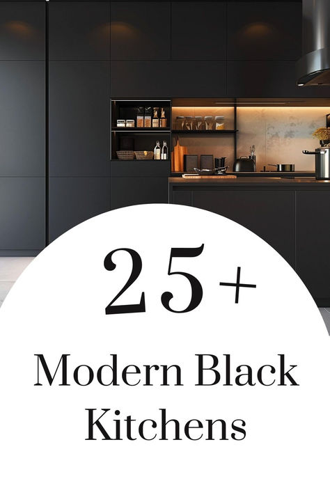 Minimalist modern black kitchen with clean lines and sophisticated decor. Modern Black Kitchen Design, Black Walls Kitchen, Kitchen Cabinets With Black Appliances, Black Kitchen Ideas, All Black Kitchen, Black Kitchen Countertops, Black Modern Kitchen, Black Kitchen Design, Black Appliances Kitchen