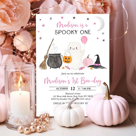 Editable Spooky One Ghost Birthday Invitation Pink Girl Ghost First Birthday Invite Pumpkin Halloween Party Digital Download A702 First Boo Day Party Girl, Boo Birthday Theme Girl, October 1st Birthday Girl, October First Birthday Girl, Halloween 1st Birthday Girl, Spooky One First Birthday Girl, Halloween First Birthday Girl, Pumpkin First Birthday Girl, Ghost First Birthday