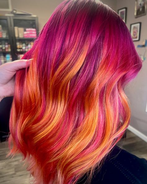 Blended 💕 #vividhaircolor #vivids #haircolor #hair #hairoftheday #hairofinstagram #hairideas #hairinspo #hairtrends #michiganhair #michiganhairstylist #lunartideshair #hairart #hairartistry Pink To Orange Hair, Sunset Balayage Hair, Sunset Hair Color Ombre, Sunset Ombre Hair, Vivids Haircolor, Orange And Pink Hair, Hair Inspo Pics, Auburn Blonde Hair, Sunset Hair Color