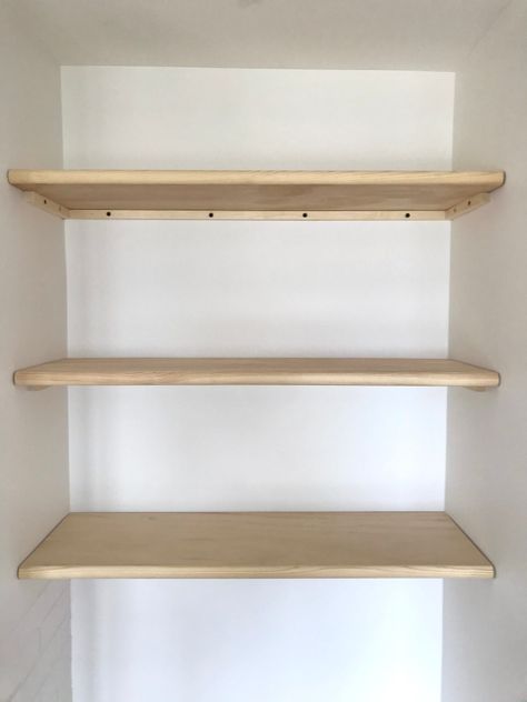 Stair Tread Shelves, Easy Bookshelf, Pine Stair Treads, Diy Closet Shelves, Step Shelves, Pantry Makeover, Closet Renovation, Stair Tread, Closet Shelves