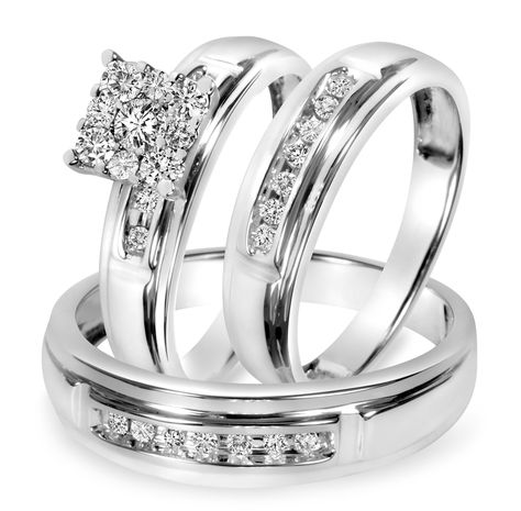 1/2 CT. T.W. Diamond Trio Matching Wedding Ring Set 10K White Gold | My Trio Rings | BT518W10K Walmart Wedding Rings, Cheap Wedding Rings Sets, Wedding Ring Trio, Matching Wedding Ring Sets, Wedding Rings Sets His And Hers, White Gold Wedding Ring Set, Cheap Wedding Rings, Matching Wedding Rings, Trio Ring