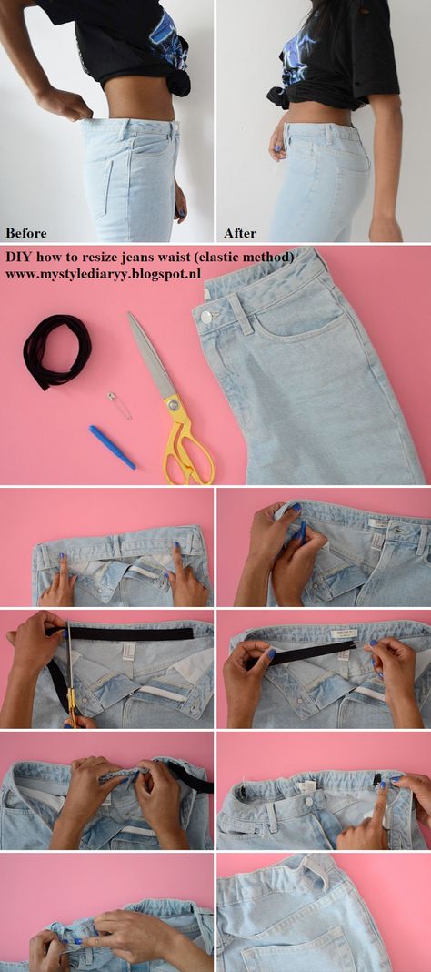 QUICK FIX HOW TO RESIZE YOUR JEANS WAIST how to take in jeans waist Elastic Waist Pants Diy How To Sew, Taking In The Waist Of Jeans, How To Make A Jean Fit Your Waist, How To Take In Waist Of Pants, Add Elastic To Jeans Waist, How To Fix Elastic Waist Band, How To Add Elastic To Jeans Waistband, Adding Elastic To Jeans Waist, How To Take In Waist Of Jeans