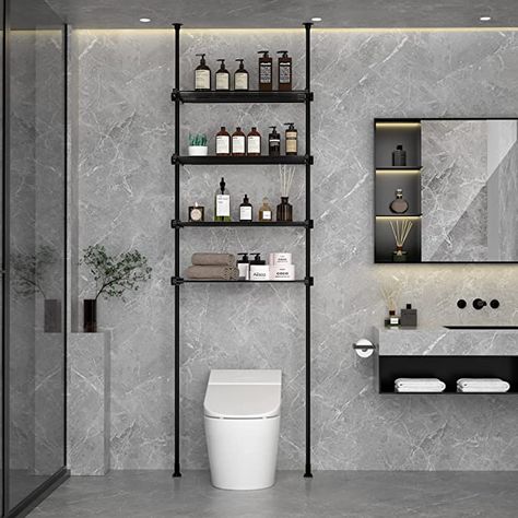 Washroom Racks Bathroom Storage, Metal Shelves Bathroom, Modern Over Toilet Storage, Black Shelves Bathroom, Bathroom Racks Ideas Shelves, Over Toilet Shelves, Shelf In Bathroom, Over Toilet Shelf, Towel Shelf Bathroom