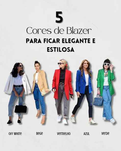 Um blazer nas cores off white, bege, vermelho, azul ou verde é uma peça versátil que eleva qualquer look, conferindo elegância e estilo instantâneos. O blazer off white ou bege traz sofisticação e neutralidade, sendo ideal para criar combinações suaves e refinadas, perfeitas para ambientes formais ou casuais-chiques. O blazer vermelho, por outro lado, é uma escolha ousada e impactante, adicionando energia e personalidade ao visual. Já o blazer azul transmite uma sensação de confiança e ... Blazer Off White, Blazer Verde, Casual Chique, Off White, Blazer, White