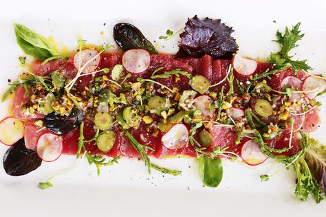 Yellowfin Tuna Crudo – Kitchen Below Canal Raw Tuna Recipe, Tuna Crudo, Tuna Appetizer, Carpaccio Recipe, Raw Tuna, Tuna Sashimi, Radish Greens, Bluefin Tuna, Poke Bowls