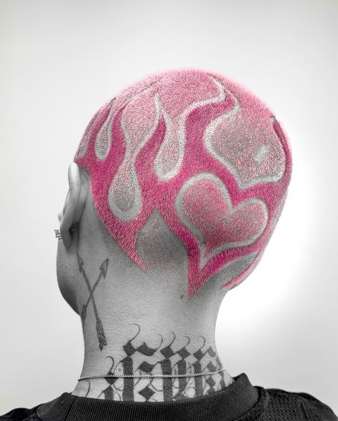 LOVE IS BLIND. 💕 two tone pink heart flames for @dreadlyss #pinkflames #buzzcutcolor #buzzcut #haircolor #hairart #haircolordesign… | Instagram Cool Shaved Head Designs, Buzz Bleached Hair Designs, Purple Buzzcut, Dyed Buzzcut Design, Buzzed Hair Dye Designs, Pink Buzzcut, Buzzcut Dyed Hair, Buzzcut Ideas, Hair Tattoo Designs