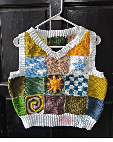 Crochet Sweater Vest Aesthetic, Sweater Vest Granny Square, Crochet Sweater Vest Oversized, Crochet Checkered Vest, Multi Colored Crochet Sweater Vest, Crochet Patchwork Sweater Vest, Crochet Hoodie, Crochet Bouquet, Beginner Crochet Projects