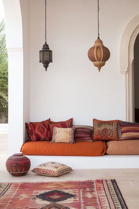 15 Moroccan Decor Ideas for Your Entire Home – Everyday Inspo Moroccan Living Room Modern, Moroccan Lounge Room, Marakesh Decor Interiors, Morroco Interior Design, Modern Flat Interior, Moroccan Living Room Ideas, Moroccan Office, Moroccan Couch, Moroccan Inspired Living Room