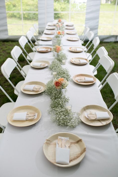 Wedding Reception Tablescapes, Palm Leaf Plates, Reception Tablescapes, Eco Wedding, Wedding Party Table, Babies Breath, Wedding Plates, Summer Wedding Outdoor, Leaf Plates