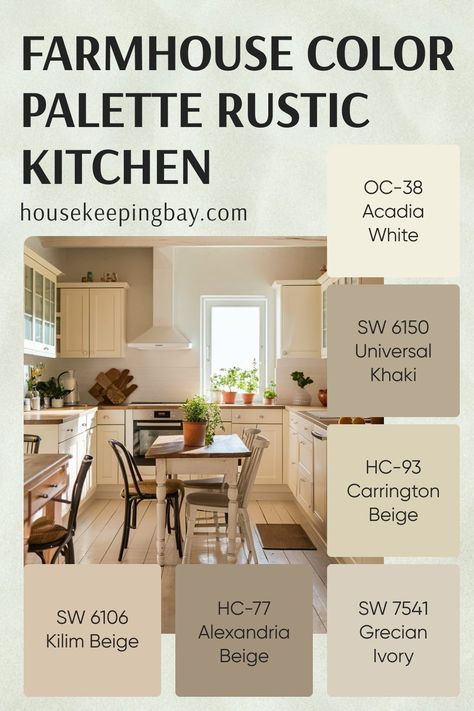 farmhouse color palette rustic kitchen Farmhouse Interior Color Scheme, Farmhouse Cabinets Colors, Color Pallets For Kitchen, Earthy Kitchen Cabinet Colors, Vintage Farmhouse Color Palette, Rustic Farmhouse Color Palette, Farmhouse Color Palette Rustic, Country Farmhouse Color Palette, Farmhouse Kitchen Wall Colors