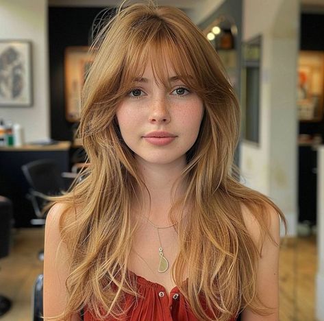 If you’re jonesing for a new look, these longer hairstyles with bangs will get you compliments everywhere you go! If you have shorter hair, you might want to grow it out for these looks. #strawberry #blonde #hair Long Fringe Layered Hair, Versatile Bangs Fringes, Bangs Fine Hair Long, Soft Long Bangs, Curtain Bangs To Cover Forehead, Intense Layers Hair, Bangs For Layered Hair, Fringe Haircut Women Long, Layers Inspo Long Hair