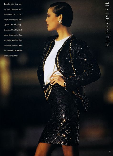 1988 British Vogue Editorial Chanel Vogue British, Vogue Editorial, Chanel Boutique, Chanel Haute Couture, 1980s Fashion, Chanel Fashion, Chanel Black, Coco Chanel, Karl Lagerfeld