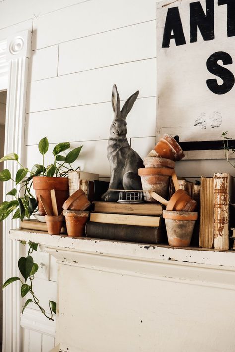 Cottage Mantel Decor, Easter Vignettes Spring Decorations, Vintage Spring Mantle Decor, Easter Mantel Decor, Spring Decor 2024, Easter Mantel Decorating Ideas, Farmhouse Easter Decor Ideas, Vintage Spring Aesthetic, Neutral Spring Decor