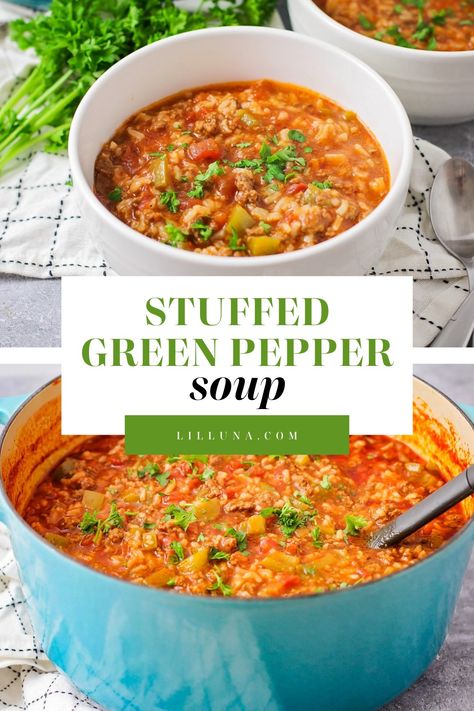 If you like classic stuffed peppers, you're going to LOVE this stuffed green pepper soup. With just a hint of spice, it's packed with flavor! #stuffedpepper #soup #souprecipes #bellpeppers #groundbeef Stuffed Green Pepper Soup, Stuffed Green Pepper, Healthy Delicious Soups, Green Pepper Soup, Classic Stuffed Peppers, Crockpot Stuffed Peppers, Pot Pie Soup, Mexican Soup, Pepper Soup