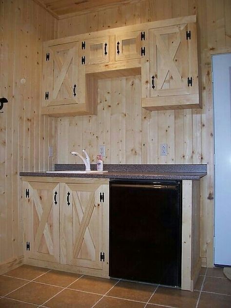 Stable Inspiration, Barn Door Cabinet, Horse Trailer Living Quarters, Tack Rooms, Pine Cabinets, Pallet Kitchen, Rustic Kitchen Cabinets, Kabinet Dapur, Kitchen Cabinet Styles