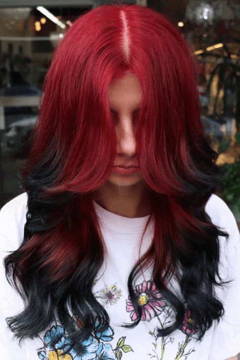 bold hair color, daring hair color, headturning hair Red Faded Hair, Red Hair With Black Ends, Hair With Black Ends, Black Hair With Red Roots, Red Shadow Root, Red Roots Black Hair, Red Hair With Black, Black Roots Red Hair, Halo Hair Color