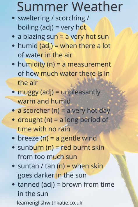 Sky Synonyms, Summer Weather, Words To Describe Weather, Summer Vocabulary For Kids, How To Describe Weather In Writing, Describing Weather Writing, Weather Idioms, Summer Vocabulary, Weather Vocabulary