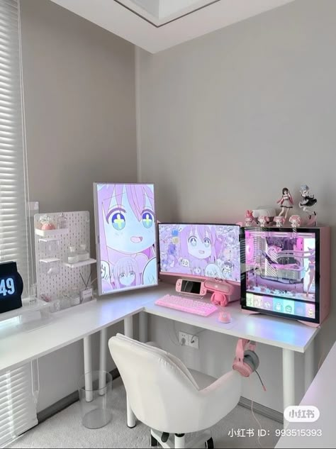 White Desk Setup, Gamer Bedroom, Gaming Desk Setup, Gamer Room Decor, Gaming Setups, Desktop Setup, White Desk, Bedroom Setup, Pinterest Room Decor