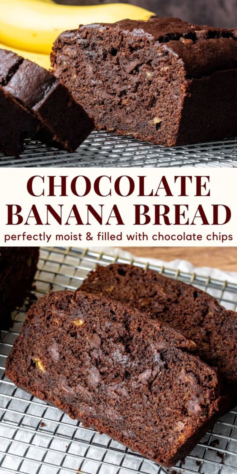 This delicious double chocolate banana bread is incredibly moist and tender. It has a chocolate flavor that isn't too sweet and a delicious hint of banana. The perfect way to switch up your classic banana bread #bananabread #chocolatebananabread #chocolatechipbananabread #bananaloaf from Just So Tasty https://www.justsotasty.com/double-chocolate-banana-bread/ Banana Chocolate Loaf, Chocolate Bread Loaf, Double Chocolate Banana Bread, Chocolate Banana Bread Recipe, Fantastic Recipes, Chocolate Banana Muffins, Sweet November, Chocolate Bread, White Kitchens