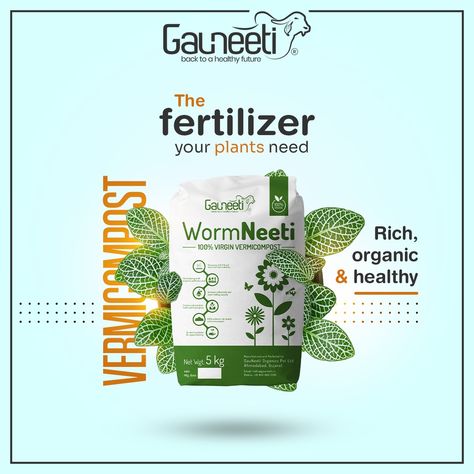 Vermicompost has higher nitrogen, phosphorus and potassium content compared to the traditional compost, as organic remains are pulverized by earthworms. It has the ability to improve the soil structure and increase its water holding capacity for better gardening and growth of plants. Shop your organic fertilizer today from GauNeeti. Visit our website: http://www.GauNeeti.in/ Organic Fertilizer Packaging, Healthy Packaging, Company Poster, Agriculture Design, Social Media Advertising Design, Fertilizer For Plants, Earthworms, Ad Creative, Packing Design