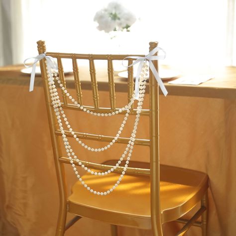 16" Ivory Faux Pearl Beaded Chiavari Chair Back Garland Sash, Pre-Tied Pearl String Wedding Chair Decor | By Tableclothsfactory Chiavari Chairs Decor, Pearl Wedding Decorations, Wedding Chair Decor, Bridal Chair, Brides Chair, Martini Party, Pearl Garland, Sweetheart Table Decor, Pearl Party