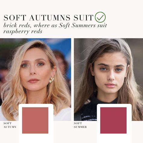 Soft Autumns suit brick reds whereas Soft Summers suit raspberry reds. Red For Soft Summer, Smoky Soft Summer, Dakota Johnson Soft Summer, Soft Summer Style Outfits, Soft Summer Red Lipstick, Soft Summer Vs Soft Autumn, Soft Summer Red, Soft Autumn Makeup Looks, Soft Summer Hair Color