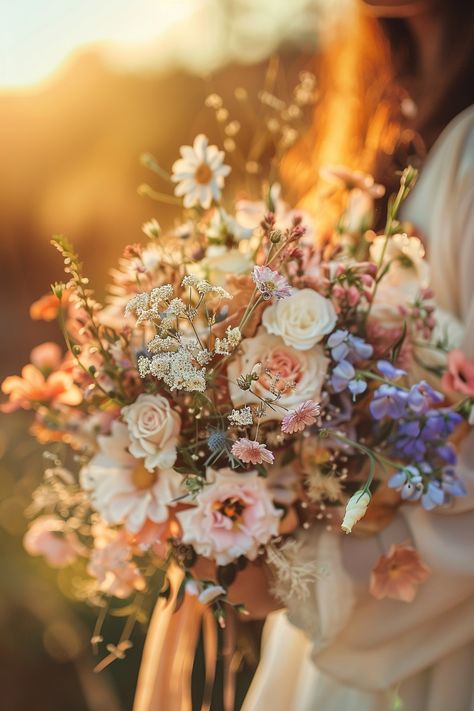 31 Boho Wedding Bouquets for a Relaxed Carefree Look Colorful Boho Wedding Bouquet, Rustic Bohemian Wedding Bouquet, Country Flower Bouquet, Rustic Wedding Bouquet Summer, Peachy Wedding Flowers, Wildflower Rustic Wedding, Pretty Wedding Flowers, Boho Farmhouse Wedding, Flower Field Wedding