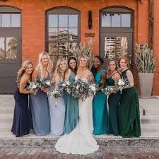 How to Transition Your Wedding Colors from Spring to Fall - David's Bridal Blog Cobalt Bridesmaid Dresses, Wedding Colors Ideas, Skirt Bridesmaid Dresses, Teal Bridesmaid, Teal Bridesmaid Dresses, Davids Bridal Bridesmaid, Fall Bridesmaids, Davids Bridal Bridesmaid Dresses, One Shoulder Bridesmaid Dresses