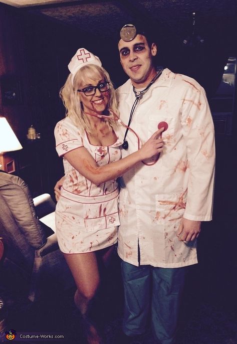 Zombie Doctor Makeup, Nurse And Doctor Couple, Nurse And Doctor Costume Couple, Doctor Halloween Costumes, Halloween Nurse Costumes, Halloween Costume Doctor, Halloween Nurse Makeup, Scary Nurse Costume, Zombie Nurse Costume