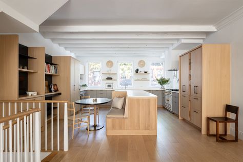 Studio Above Garage, Croatia House, Kitchen Booth, Formal Dining Table, Entry Office, Brooklyn Kitchen, Modern Wall Paneling, White Oak Flooring, Kitchen Entry