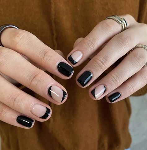 Edgy Black Nails Short, Black Manicure Short Round, Black Manicure Short Square, Short Nail Designs Minimal Black, Short Nail Designs For Men, Squoval Nails Design Black, Funky Black Nails, Short Nails Edgy, Short Square Nails Ideas Simple