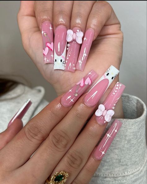 Hello Kitty Inspired Nails, Nails By Skin Tone Range, Kitty Nails, Bunny Nails, Long Acrylic Nail Designs, Racun Shopee, Grunge Nails, Work Nails, Hello Kitty Nails