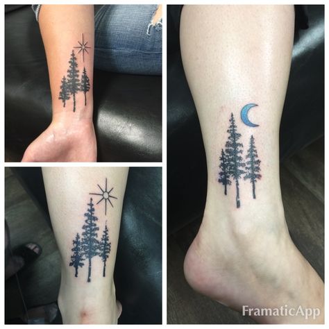 Simple Tattoo, friends, sun, earth, moon, fir tree, anchored ink, Eugene, Oregon, Mike Long Sun And Pine Tree Tattoo, Cedar Tattoo, Sun Earth Moon, Tattoo Friends, Oregon Trees, Oregon Tattoo, Pine Tree Tattoo, Simple Tattoo, Cedar Trees