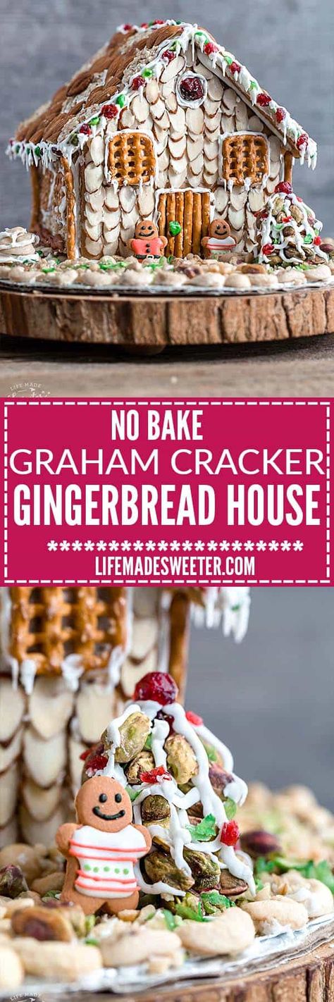 Easy No Bake Gingerbread House - An easy and simple way to make a "gingerbread" house using graham crackers and nuts. It's the perfect holiday activity for the kids and best of all, no baking required! Bake Gingerbread House, Nuts Video, Graham Cracker Gingerbread House, Favorite Christmas Desserts, Cracker House, Make A Gingerbread House, Holiday Baking Recipes, Easy Christmas Cookie Recipes, Easy No Bake