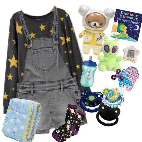 Blue Kidcore Outfit, Saturn Outfit Aesthetic, Cute Childish Outfits, Space Grunge Outfits, Littleforbig Outfits, Space Clothes Drawing, Little Outfits Space, Age Re Outfits, Lil Space Outfits