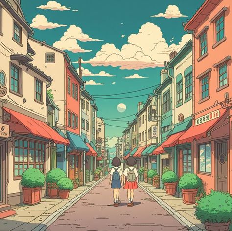 #wallpaper #art #cartoon #landscape #travel #photo #street #photography #vintage #retro #anime #japan #japanese #city #town Town Illustration, Scenic Backgrounds, Cartoon Landscape, Japanese Town, Japanese City, Retro Anime, Photography Vintage, Art Cartoon, Wallpaper Art