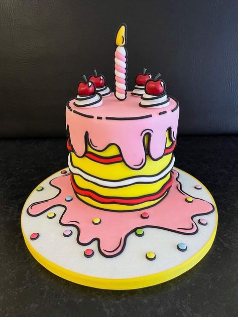 Cartoon Comic Cake, Pop Art Cakes, Cartoon Cake Designs Birthday, Comics Cake Ideas, Cake Cartoon Design, Comic Cake Birthday, Barbie Doll Cake Design, Cartoon Theme Cake, Fondant Cake Designs Ideas