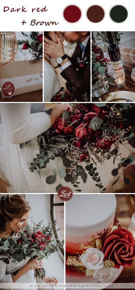 Red And Brown Wedding, Winter Wedding Dark, Wedding Season Colors, Red Silver Wedding, Brown Wedding Themes, 2026 Wedding, Wedding Palettes, Winter Wedding Red, Unique Wedding Colors