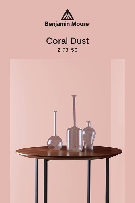 Coral Dust 2173-50, muted and warm, this medium pink has a comforting presence. Benjamin Moore Coral Dust, Wfh Office, Picking Paint Colors, Fun Living Room, Pink Paint Colors, Choosing Paint, Pink Palette, Pink Paint, 50 Shades