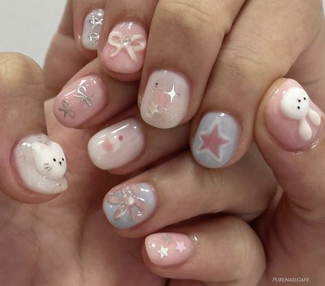 Korean Nail Art Aesthetic Summer, Korean Nails Short, Seni Pastel, Bunny Nails, Korean Nail Art, Hello Nails, Cute Simple Nails, Korean Nails, Blush Nails