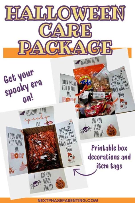 Create a Halloween Care Package for your college student or anyone who would love a Halloween treat. Taylor Swift Theme - It's the Spooky Era! Halloween Care Package Ideas, Halloween Candy Costumes, Fall Care Package, Halloween Makeup Kits, Halloween Care Packages, Dorm Room Gifts, Care Package Ideas, Halloween String Lights, Printable Sticker Paper