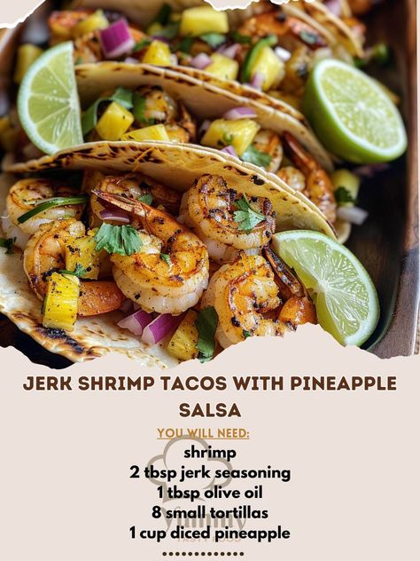 🌮🍤 Dive into the vibrant flavors of our Jerk Shrimp Tacos with Pineapple Salsa tonight! #TacoTuesday #ShrimpLovers 🍽️ Jerk Shrimp Tacos with Pineapple Salsa 🛒 Ingredients: 500g shrimp, peeled and deveined 2 tbsp jerk seasoning 1 tbsp olive oil 8 small tortillas For the Pineapple Salsa: 1 cup diced pineapple 1/4 cup diced red onion 1 jalapeño, finely chopped 1/4 cup chopped cilantro Juice of 1 lime Salt to taste 👩‍🍳 Instructions: Marinate: Toss shrimp with jerk seasoning and oil. Cook: Sau... Jerk Shrimp Tacos, Shrimp Tacos With Pineapple Salsa, Cilantro Juice, Tacos With Pineapple Salsa, Snap And Share, Tacos With Pineapple, Nacho Taco, Pineapple Shrimp, Jerk Shrimp