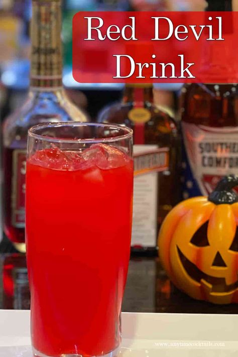 Red Devil Drink Red Alcohol Drink Ideas, Red Color Alcohol Drinks, Red Mixed Drinks Alcohol Halloween, Red Drinks For Halloween, Easy Red Drinks Alcohol, Red Fruity Cocktails, Red Halloween Alcoholic Drink, Red Party Drinks Alcohol, Red Alcoholic Punch Party Drinks