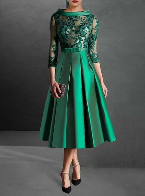 A-Line Cocktail Dress Christmas Red Green Dresses Formal Kentucky Derby Tea Length 3/4 Length Sleeve Jewel Neck Fall Wedding Guest Satin with Pleats Appliques 2023 2023 - US $142.99 Tea Length Cocktail Dresses Formal Winter, Tea Length Dresses Sleeve, Semi Formal Tea Length Dress, Tea Length Cocktail Dresses Jj'shouse, Tea Length Formal Dresses Long Sleeve, Luxury Pleated Bodice Knee-length Evening Dress, Luxury Knee-length Evening Dress With Pleated Bodice, Luxury Tea Length Dress With Pleated Bodice For Party, Luxury Tea-length Party Dress With Pleated Bodice