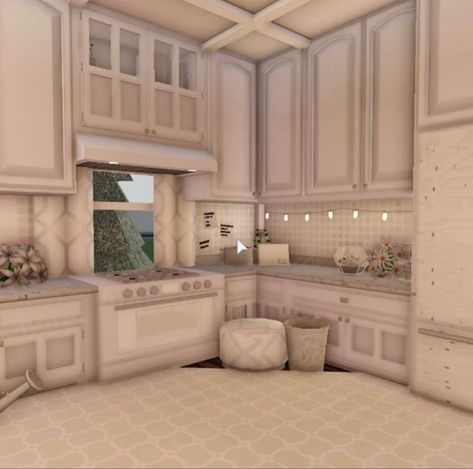 Bloxburg Pink Kitchen, Bloxburg Pink House Exterior, Coquette Kitchen Bloxburg, Bloxburg House Inside, Bloxburg Kitchen Ideas Aesthetic, Bloxblug House, Luxury House Plans Bloxburg, Big Kitchen Ideas, Pink House Exterior