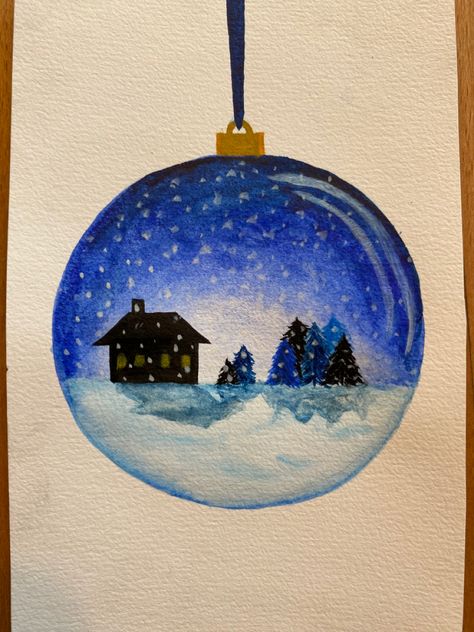 Snowglobe Drawing Christmas, Snow Globe Painting Canvas, Christmas Snow Globe Drawing, Watercolor Snowglobe, Merry Christmas Drawing, Watercolour Snow Globe, Colored Pencil Artwork Ideas, Snow Ornaments, Ornament Drawing