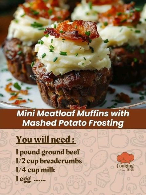 Bobby Flay Community - We Love To Eat ! | Mini Meatloaf Muffins with Mashed Potato Frosting Mini Meatloaf Muffins With Mashed Potato Frosting, Mini Meatloaf With Mashed Potatoes, Meatloaf Muffins With Mashed Potatoes, Mini Shepards Pie Muffins, Bbq Mini Meatloaves, Mini Meatloaf Muffins, Lite Recipes, Gluten Free Family Meals, Meatloaf Cupcakes