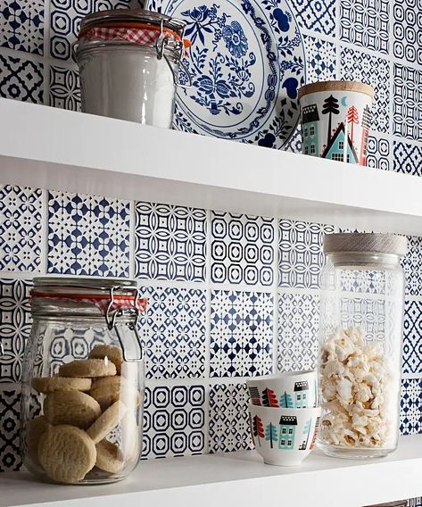 Patchwork Tiles Kitchen, Patchwork Kitchen, Trendy Kitchen Tile, Backsplash Tile Design, Patchwork Tiles, Topps Tiles, Tiles Ideas, Blue Backsplash, Backsplash Designs